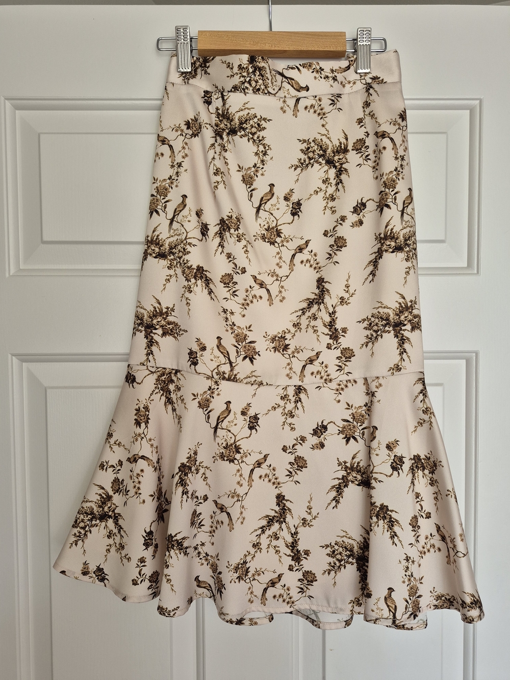 ANTONIO MELANI Cream Midi Skirt with Brown Bird & Floral Print